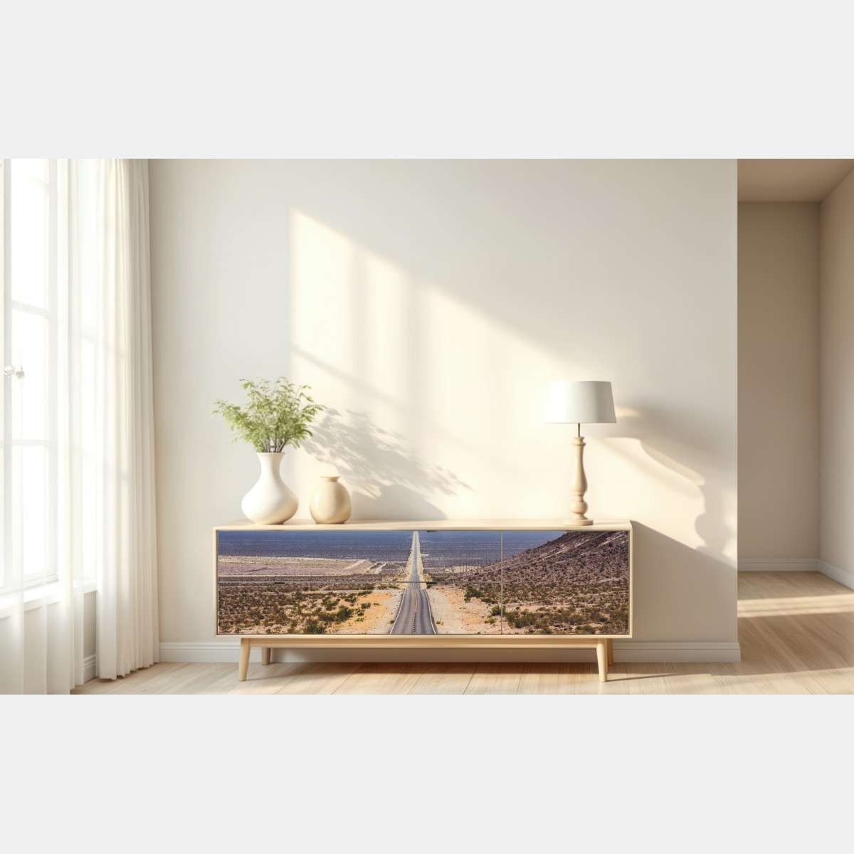 Naklejka repozycjonowalna niekończąca się droga przez pustynię do gór – Wallissimo® Naklejka repozycjonowalna niekończąca się droga przez pustynię do gór – Wallissimo®