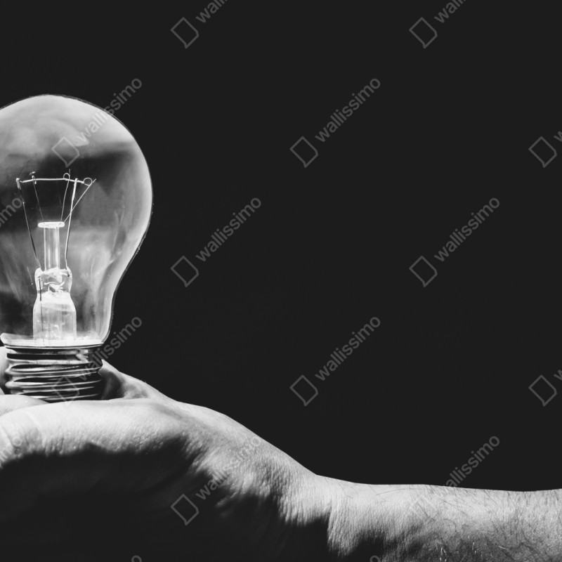 Naklejka repozycjonowalna monochromatyczna ręka trzymająca żarówkę – Wallissimo® Naklejka repozycjonowalna monochromatyczna ręka trzymająca żarówkę – Wallissimo®