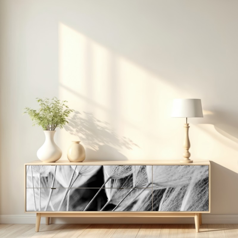 Naklejka repozycjonowalna delikatne zbliżenie nasion dmuchawca czarno-białe – Wallissimo® Naklejka repozycjonowalna delikatne zbliżenie nasion dmuchawca czarno-białe – Wallissimo®