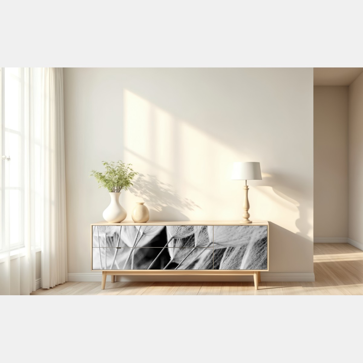 Naklejka repozycjonowalna delikatne zbliżenie nasion dmuchawca czarno-białe – Wallissimo® Naklejka repozycjonowalna delikatne zbliżenie nasion dmuchawca czarno-białe – Wallissimo®