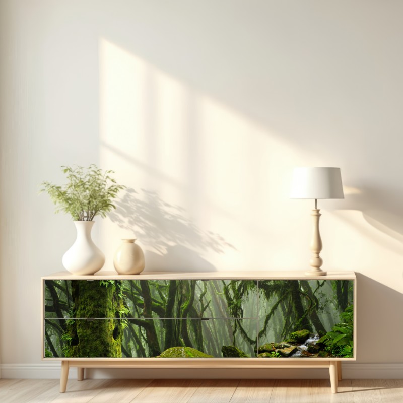 Naklejka repozycjonowalna las ze strumieniem we mgle – Wallissimo® Naklejka repozycjonowalna las ze strumieniem we mgle – Wallissimo®