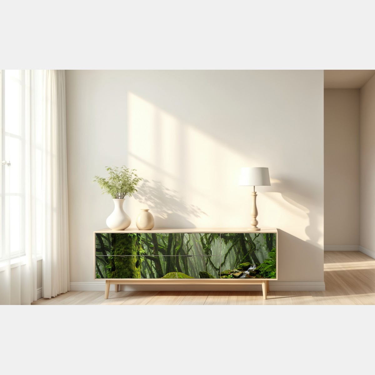 Naklejka repozycjonowalna las ze strumieniem we mgle – Wallissimo® Naklejka repozycjonowalna las ze strumieniem we mgle – Wallissimo®