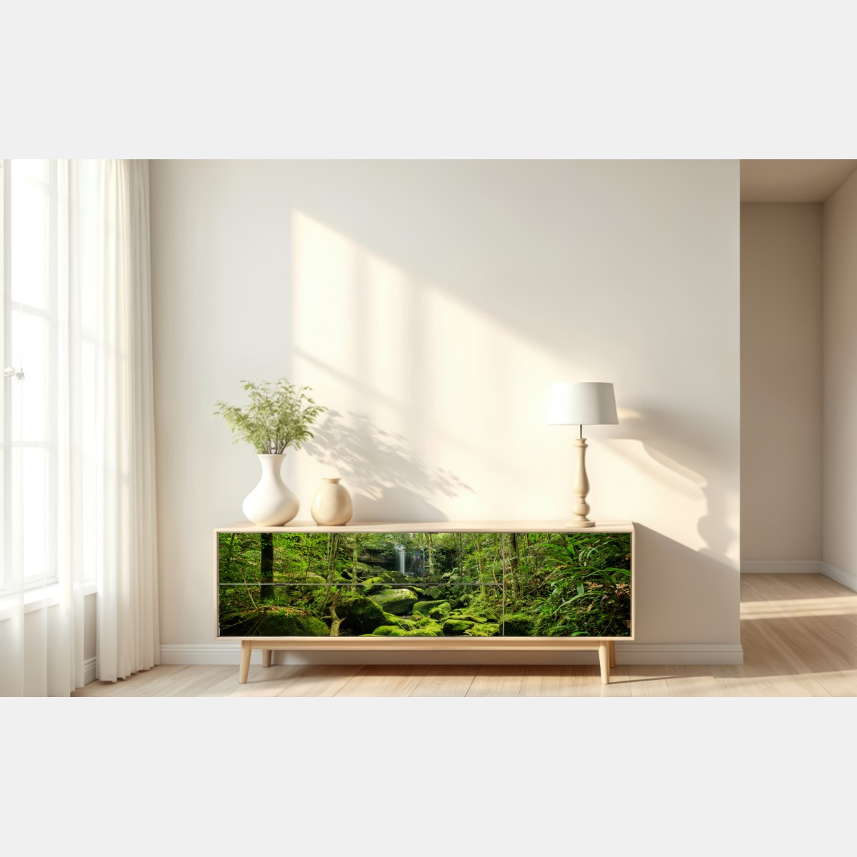 Naklejka repozycjonowalna bujny mech i wodospad w tropikalnym lesie – Wallissimo® Naklejka repozycjonowalna bujny mech i wodospad w tropikalnym lesie – Wallissimo®