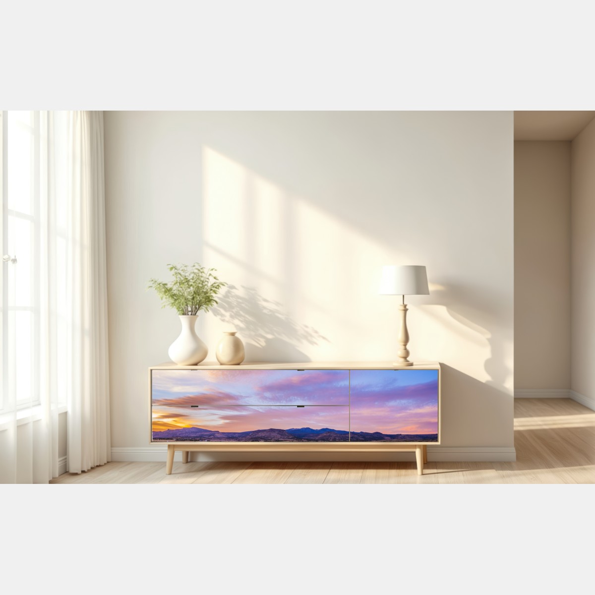 Naklejka repozycjonowalna pastelowy zachód słońca nad pustynnymi górami – Wallissimo® Naklejka repozycjonowalna pastelowy zachód słońca nad pustynnymi górami – Wallissimo®