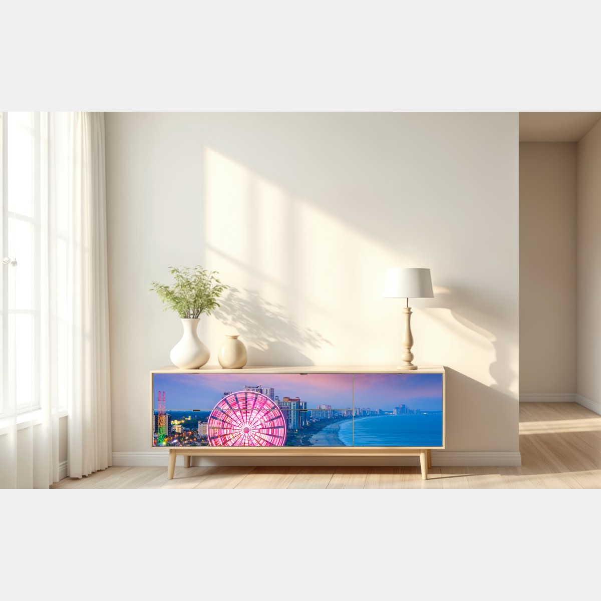 Naklejka repozycjonowalna Myrtle Beach zachód słońca z diabelskim młynem – Wallissimo® Naklejka repozycjonowalna Myrtle Beach zachód słońca z diabelskim młynem – Wallissimo®