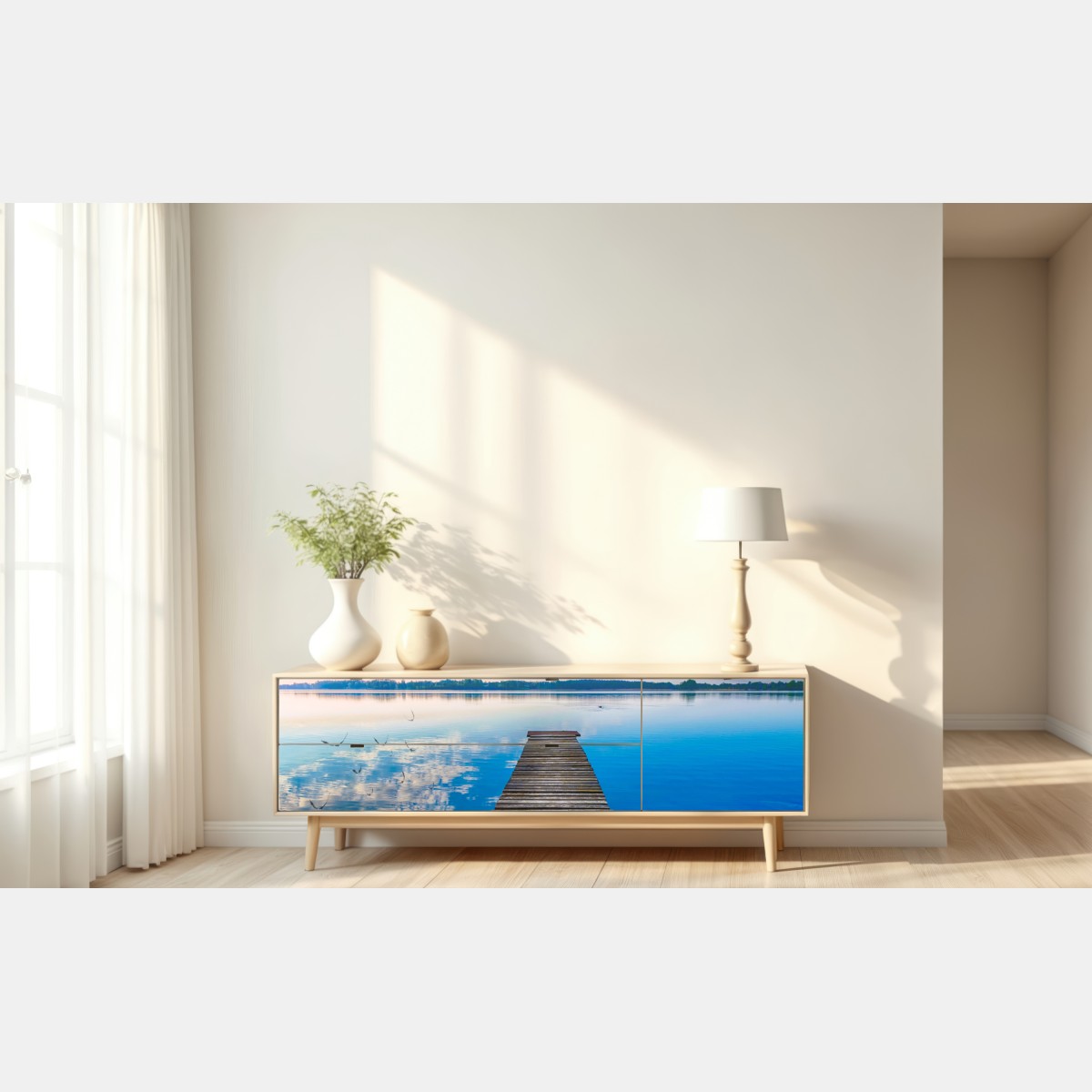 Naklejka repozycjonowalna spokojny pomost nad jeziorem Selment Wielki, Mazury – Wallissimo® Naklejka repozycjonowalna spokojny pomost nad jeziorem Selment Wielki, Mazury – Wallissimo®