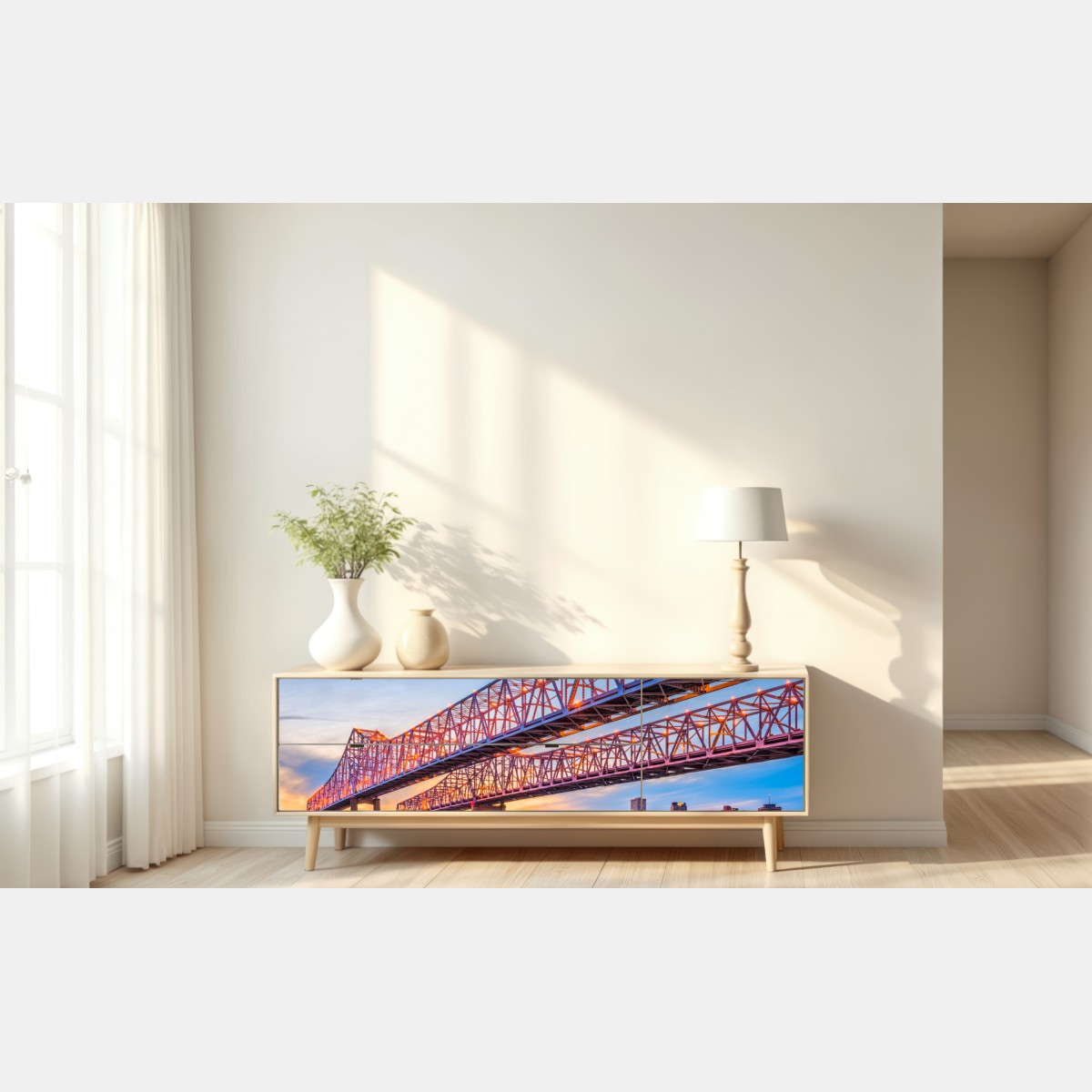 Naklejka repozycjonowalna most Crescent City Connection o zachodzie słońca, New Orleans – Wallissimo® Naklejka repozycjonowalna most Crescent City Connection o zachodzie słońca, New Orleans – Wallissimo®