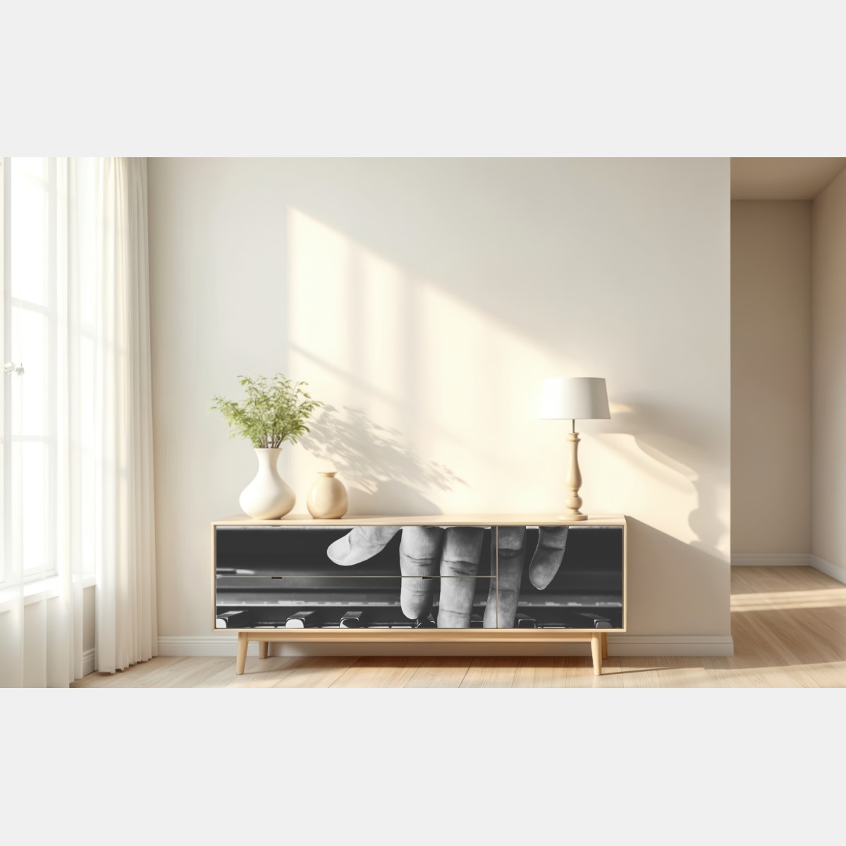 Naklejka repozycjonowalna ręka na klawiszach fortepianu – Wallissimo® Naklejka repozycjonowalna ręka na klawiszach fortepianu – Wallissimo®