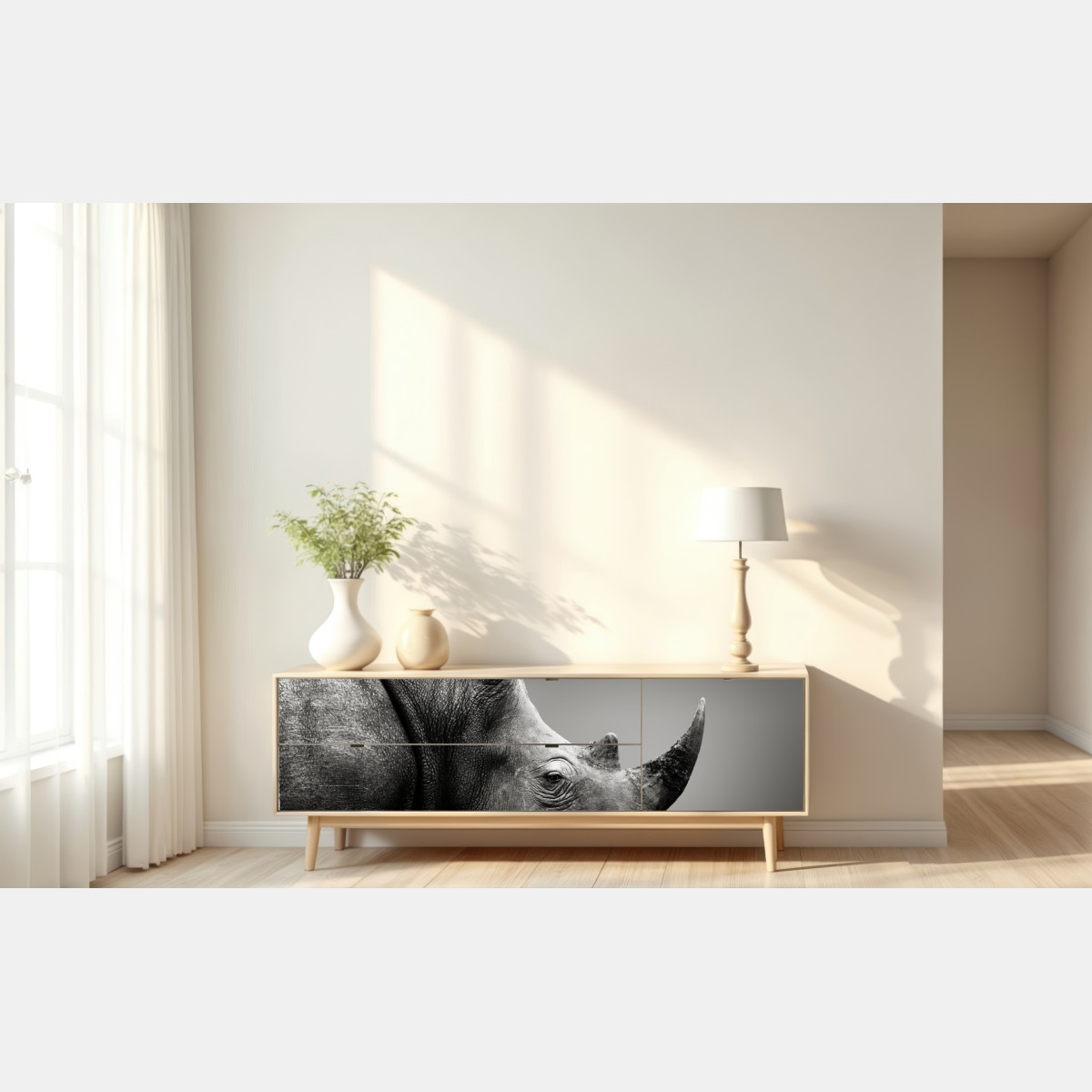 Naklejka repozycjonowalna majestatyczny portret nosorożca – Wallissimo® Naklejka repozycjonowalna majestatyczny portret nosorożca – Wallissimo®