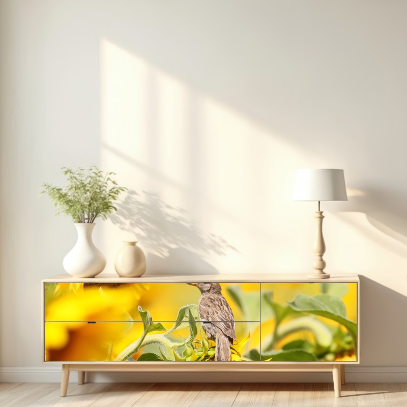 Naklejka repozycjonowalna wróbel na słoneczniku – Wallissimo® Naklejka repozycjonowalna wróbel na słoneczniku – Wallissimo®