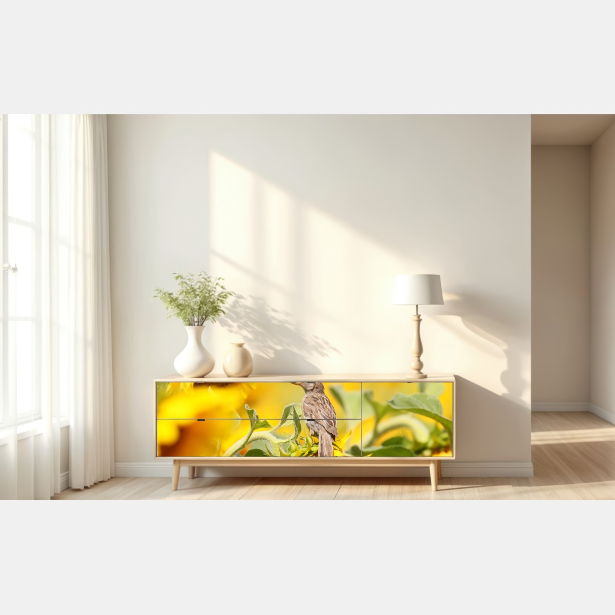 Naklejka repozycjonowalna wróbel na słoneczniku – Wallissimo® Naklejka repozycjonowalna wróbel na słoneczniku – Wallissimo®