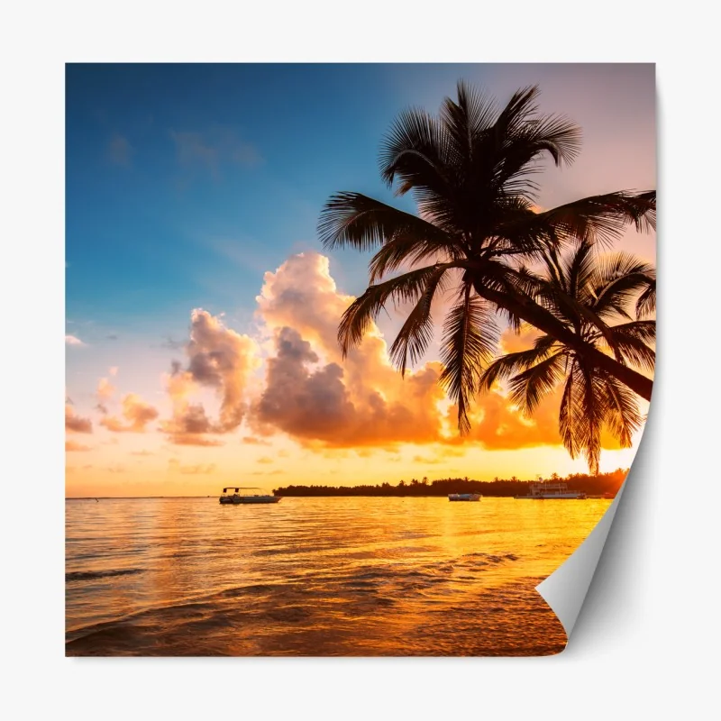 Naklejka repozycjonowalna tropikalny zachód słońca z sylwetkami palm, Dominikana