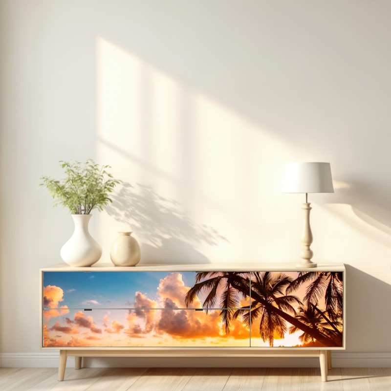 Naklejka repozycjonowalna tropikalny zachód słońca z sylwetkami palm, Dominikana – Wallissimo® Naklejka repozycjonowalna tropikalny zachód słońca z sylwetkami palm, Dominikana – Wallissimo®