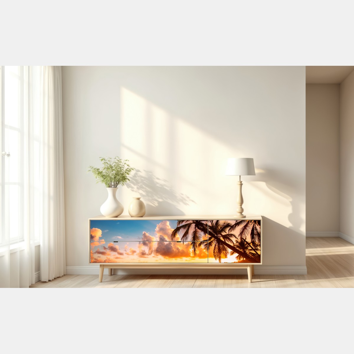 Naklejka repozycjonowalna tropikalny zachód słońca z sylwetkami palm, Dominikana – Wallissimo® Naklejka repozycjonowalna tropikalny zachód słońca z sylwetkami palm, Dominikana – Wallissimo®