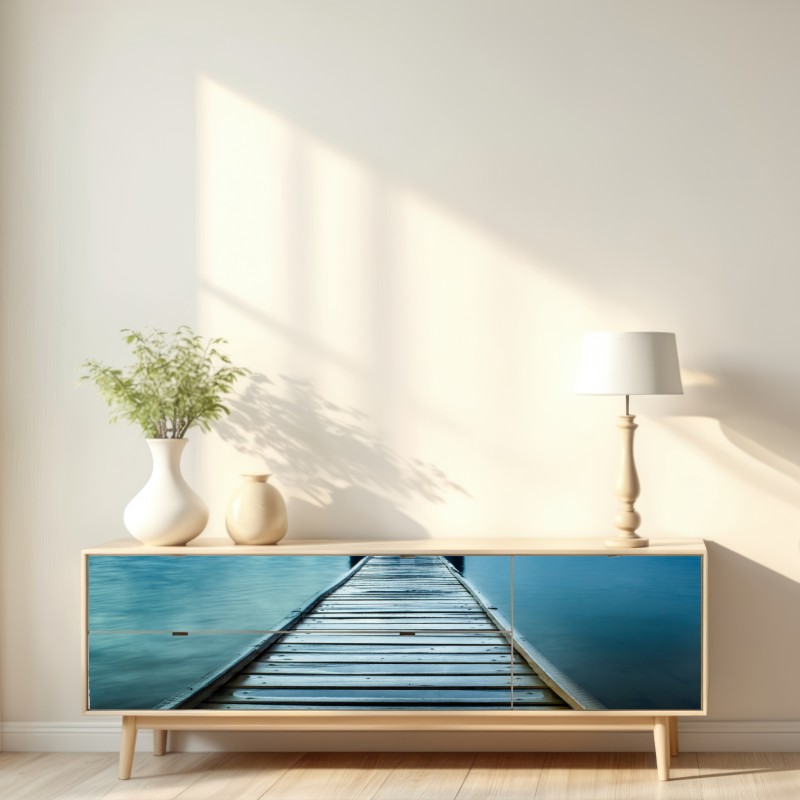 Naklejka repozycjonowalna niebieski domek na końcu pomostu – Wallissimo® Naklejka repozycjonowalna niebieski domek na końcu pomostu – Wallissimo®