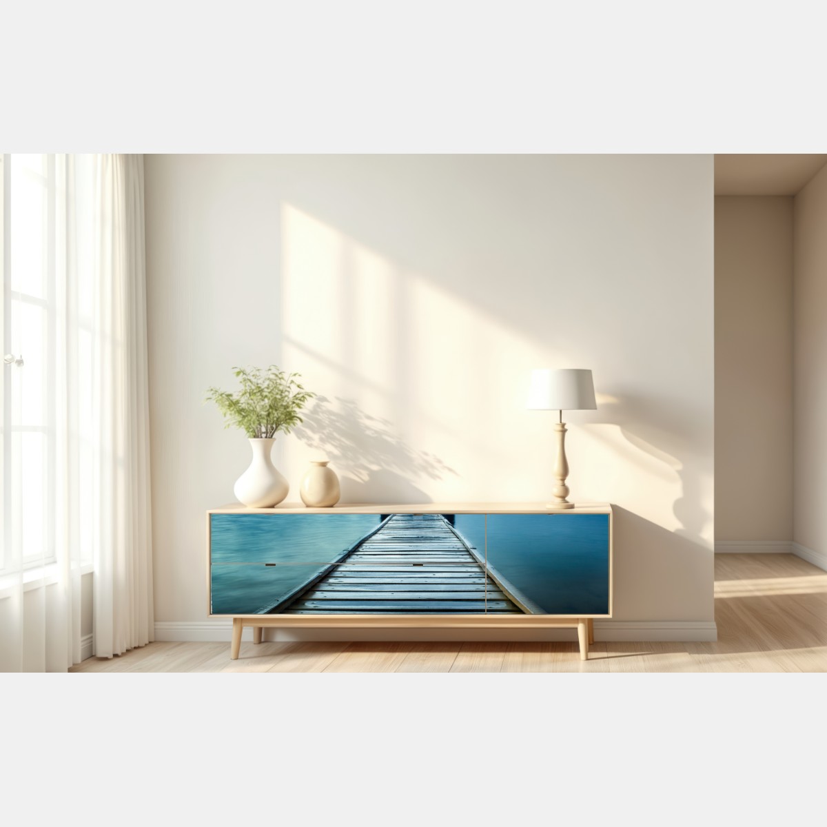 Naklejka repozycjonowalna niebieski domek na końcu pomostu – Wallissimo® Naklejka repozycjonowalna niebieski domek na końcu pomostu – Wallissimo®