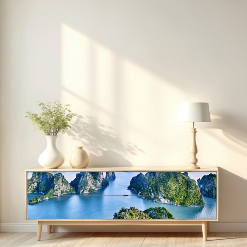 Naklejka repozycjonowalna zatoka Ha Long panorama wapiennych wysp – Wallissimo® Naklejka repozycjonowalna zatoka Ha Long panorama wapiennych wysp – Wallissimo®