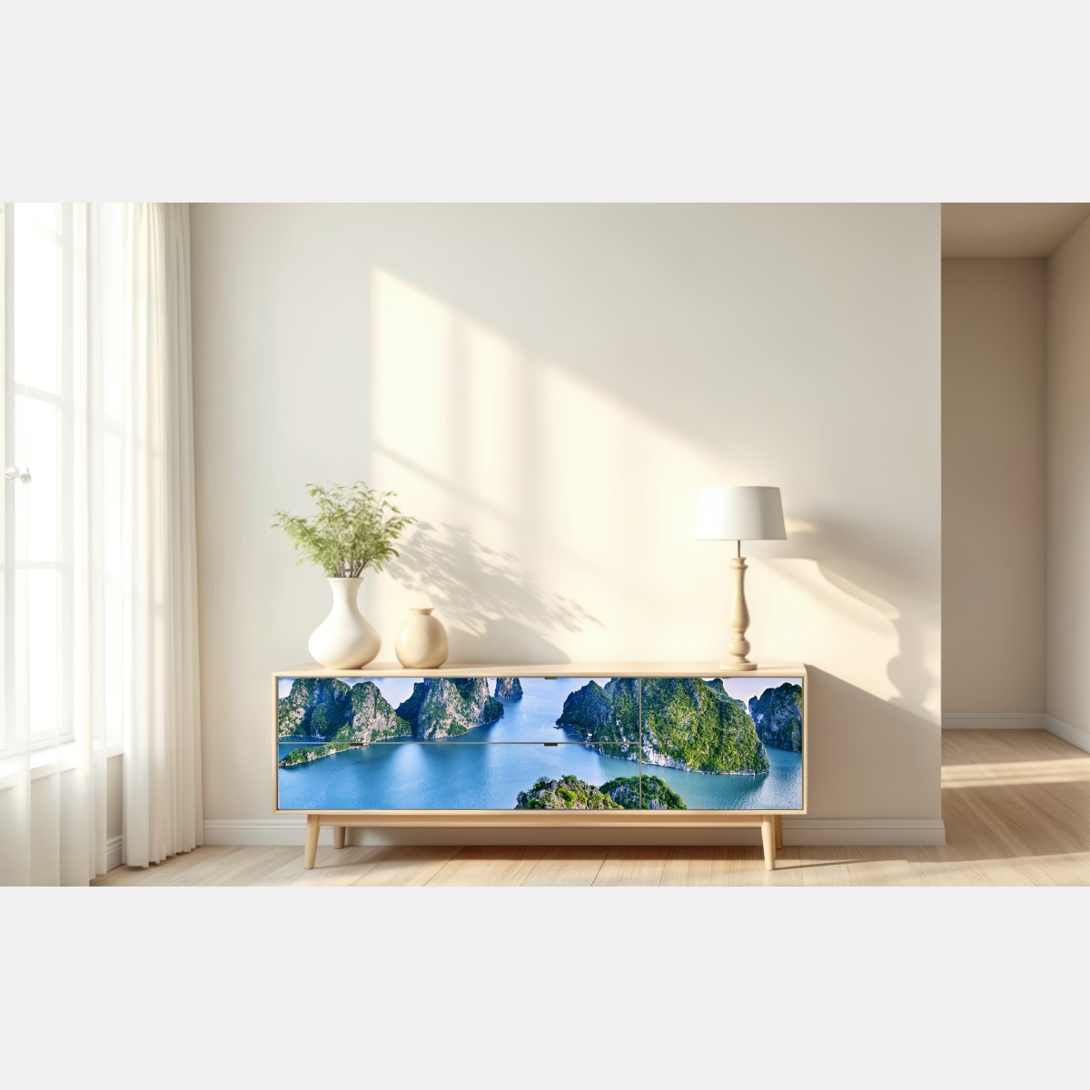 Naklejka repozycjonowalna zatoka Ha Long panorama wapiennych wysp – Wallissimo® Naklejka repozycjonowalna zatoka Ha Long panorama wapiennych wysp – Wallissimo®