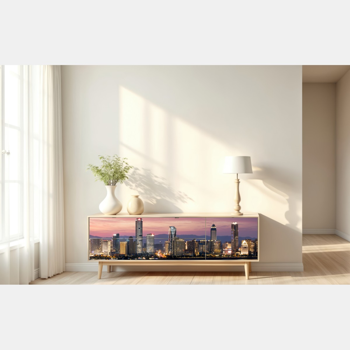 Naklejka repozycjonowalna spokojna panorama miasta o zmierzchu – Wallissimo® Naklejka repozycjonowalna spokojna panorama miasta o zmierzchu – Wallissimo®