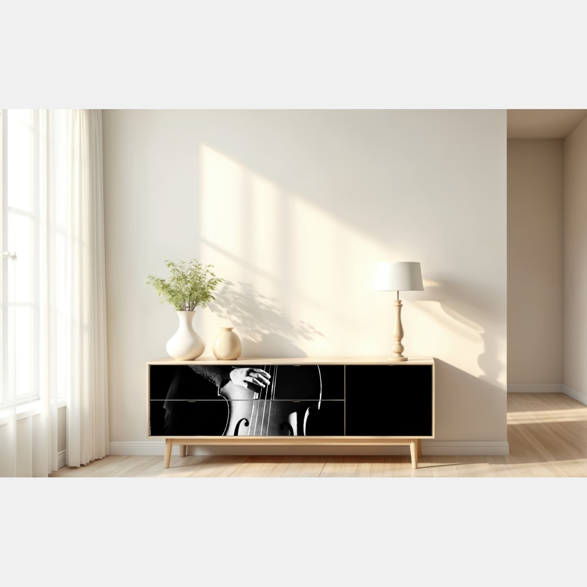 Naklejka repozycjonowalna kontrabasista w dramatycznym świetle – Wallissimo® Naklejka repozycjonowalna kontrabasista w dramatycznym świetle – Wallissimo®