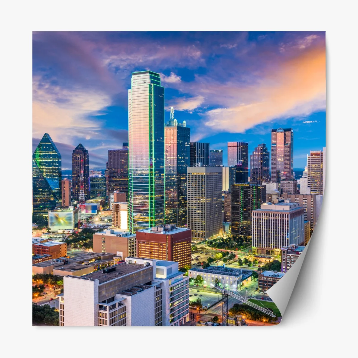 Naklejka repozycjonowalna Dallas panorama miasta o zachodzie słońca – Wallissimo® Naklejka repozycjonowalna Dallas panorama miasta o zachodzie słońca – Wallissimo®