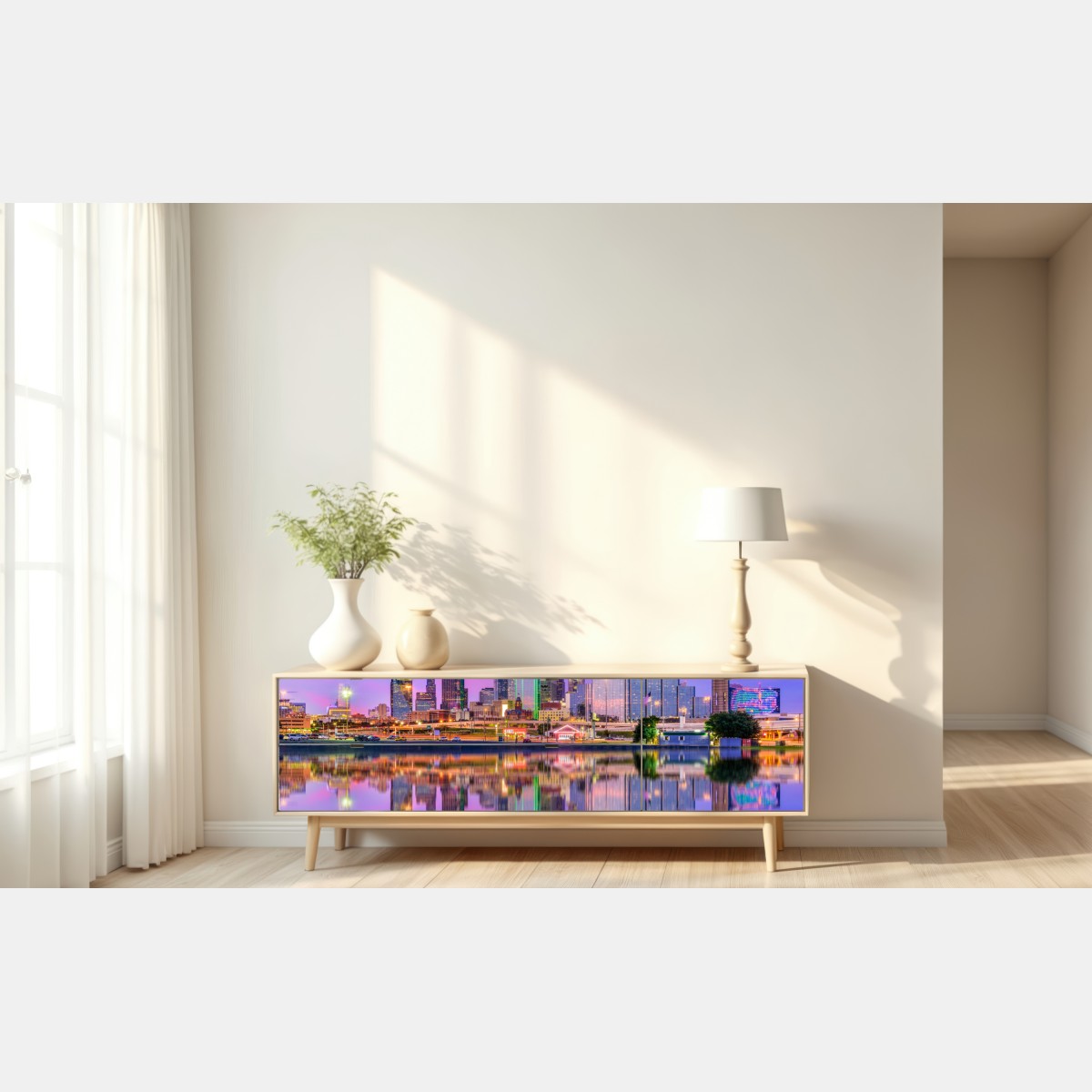 Naklejka repozycjonowalna Dallas panorama miasta o fioletowym zmierzchu – Wallissimo® Naklejka repozycjonowalna Dallas panorama miasta o fioletowym zmierzchu – Wallissimo®