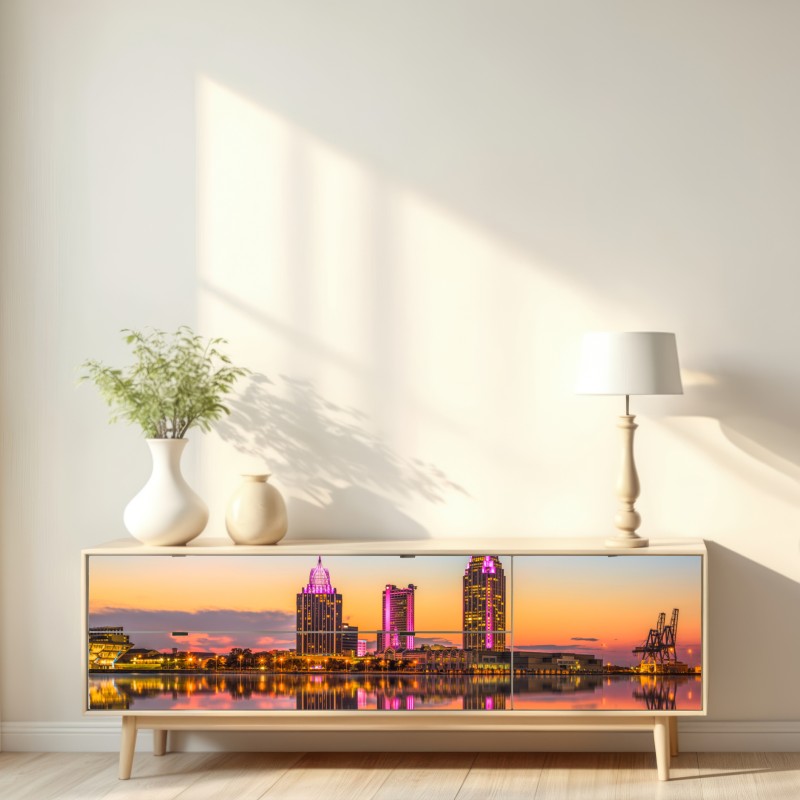 Naklejka repozycjonowalna panorama Mobile o zachodzie słońca – Wallissimo® Naklejka repozycjonowalna panorama Mobile o zachodzie słońca – Wallissimo®