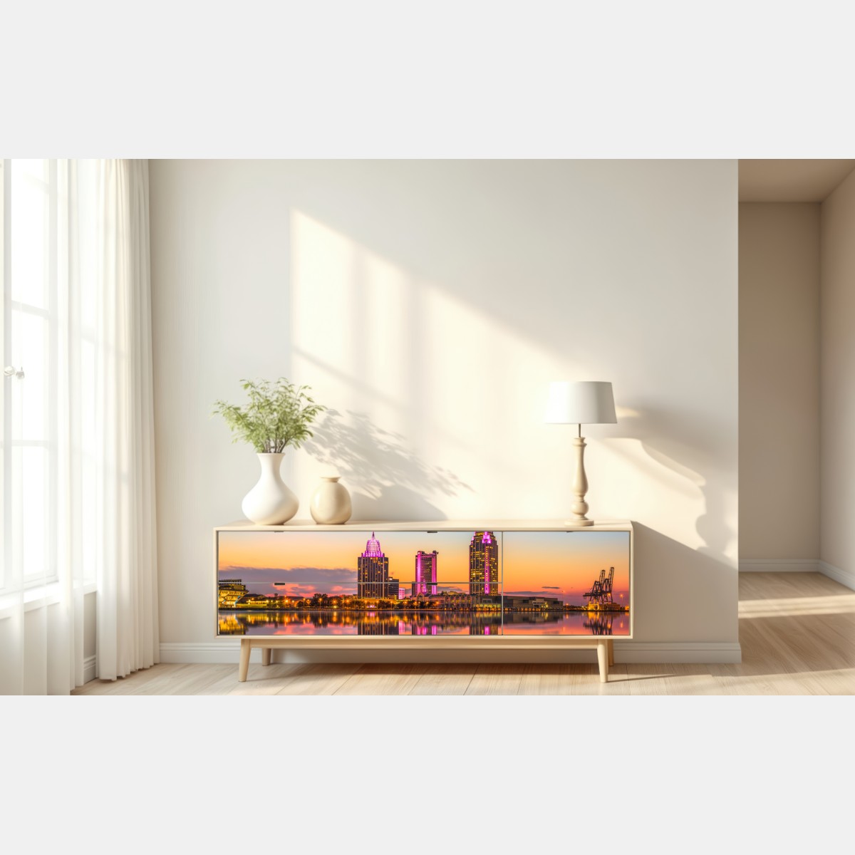 Naklejka repozycjonowalna panorama Mobile o zachodzie słońca – Wallissimo® Naklejka repozycjonowalna panorama Mobile o zachodzie słońca – Wallissimo®