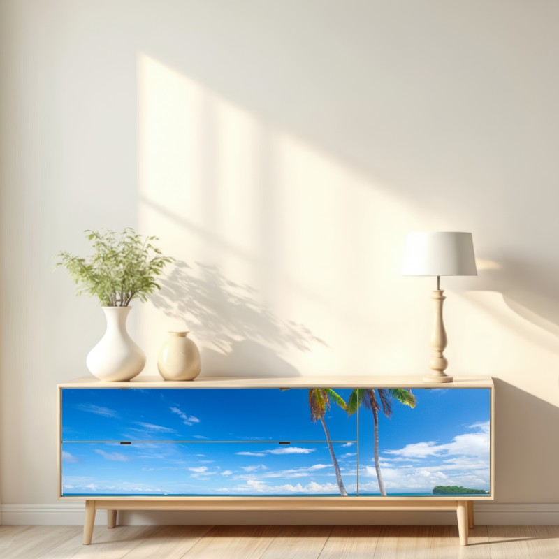 Naklejka repozycjonowalna tropikalne palmy na turkusowej plaży – Wallissimo® Naklejka repozycjonowalna tropikalne palmy na turkusowej plaży – Wallissimo®