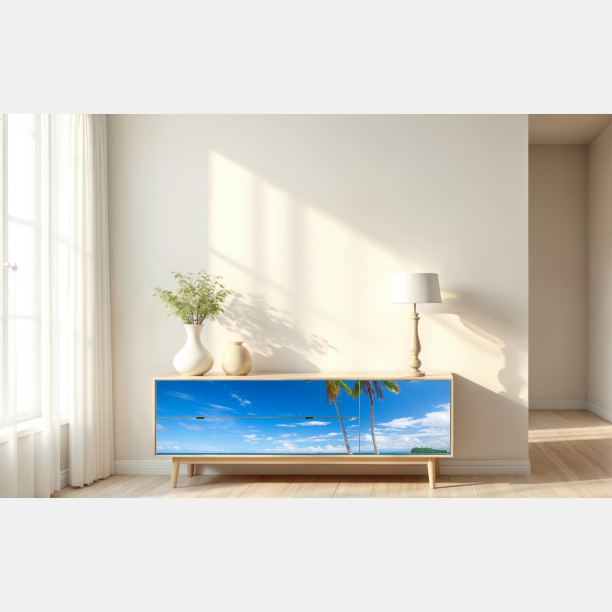 Naklejka repozycjonowalna tropikalne palmy na turkusowej plaży – Wallissimo® Naklejka repozycjonowalna tropikalne palmy na turkusowej plaży – Wallissimo®