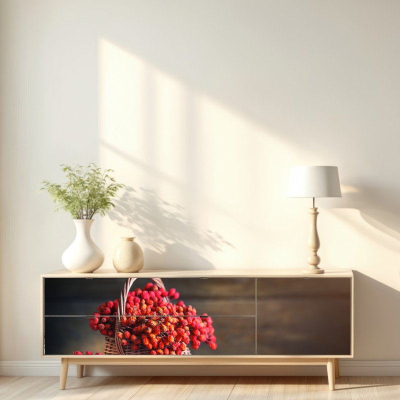 Naklejka repozycjonowalna jesienna jarzębina w wiklinowym koszu – Wallissimo® Naklejka repozycjonowalna jesienna jarzębina w wiklinowym koszu – Wallissimo®