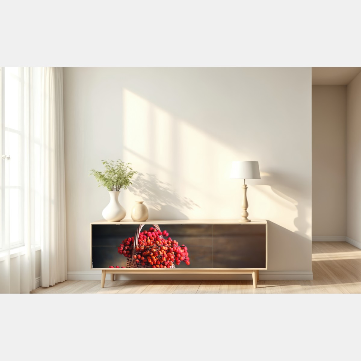 Naklejka repozycjonowalna jesienna jarzębina w wiklinowym koszu – Wallissimo® Naklejka repozycjonowalna jesienna jarzębina w wiklinowym koszu – Wallissimo®