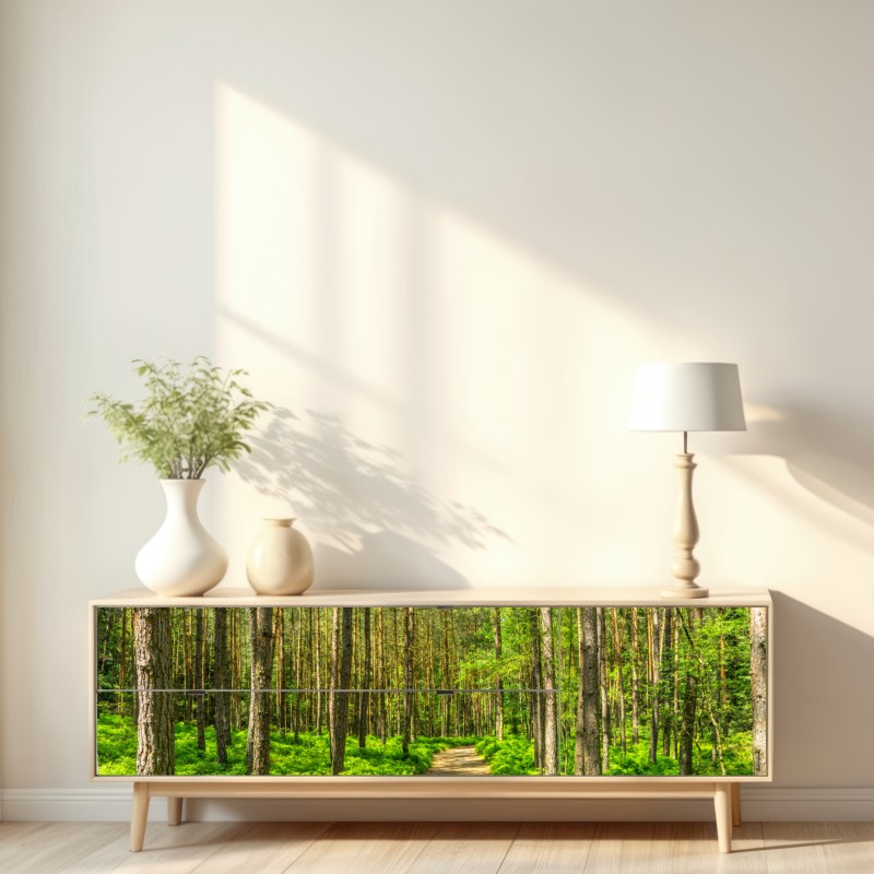 Naklejka repozycjonowalna słoneczna leśna ścieżka wśród sosen – Wallissimo® Naklejka repozycjonowalna słoneczna leśna ścieżka wśród sosen – Wallissimo®