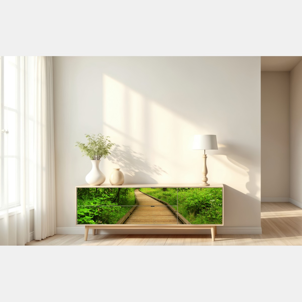 Naklejka repozycjonowalna spokojny drewniany pomost w lesie – Wallissimo® Naklejka repozycjonowalna spokojny drewniany pomost w lesie – Wallissimo®