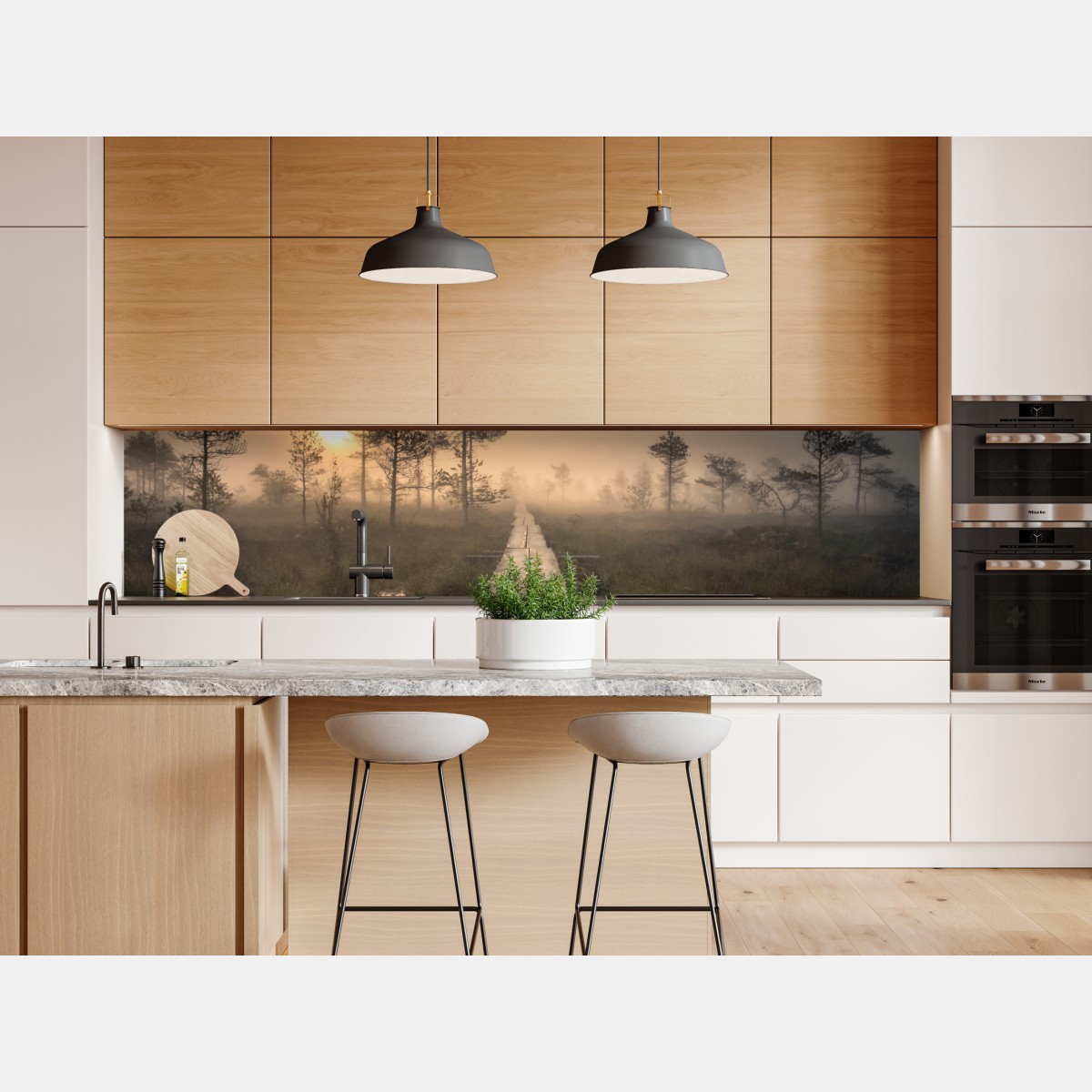 Naklejka repozycjonowalna mglisty wschód słońca nad drewnianą kładką – Wallissimo® Naklejka repozycjonowalna mglisty wschód słońca nad drewnianą kładką – Wallissimo®