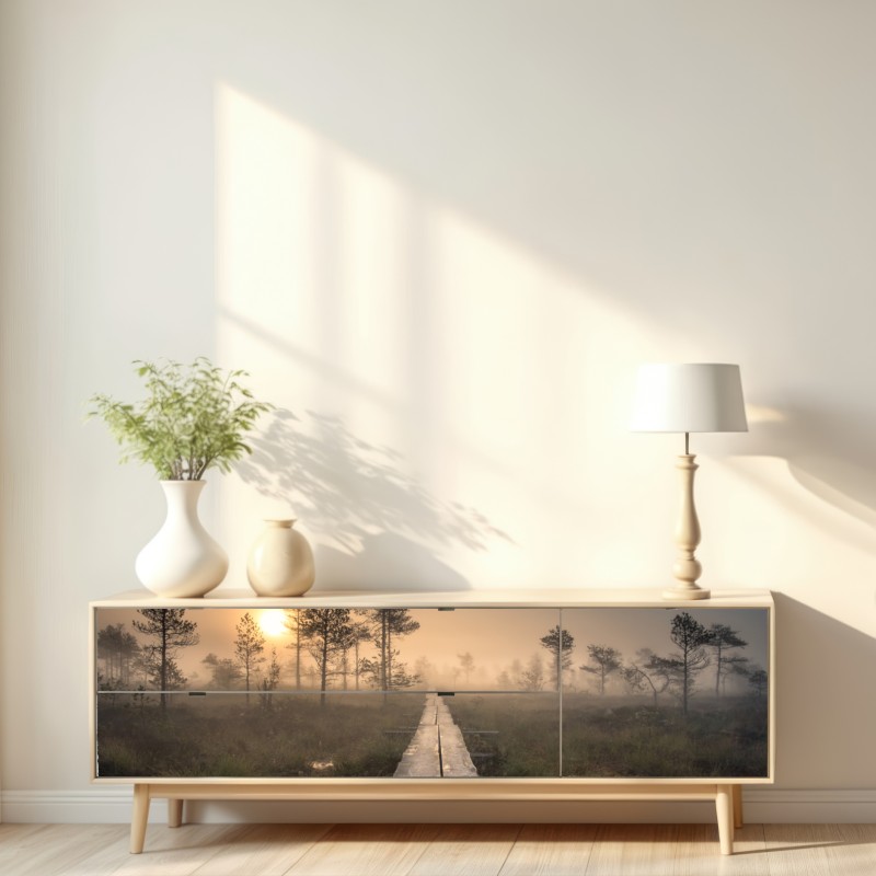 Naklejka repozycjonowalna mglisty wschód słońca nad drewnianą kładką – Wallissimo® Naklejka repozycjonowalna mglisty wschód słońca nad drewnianą kładką – Wallissimo®