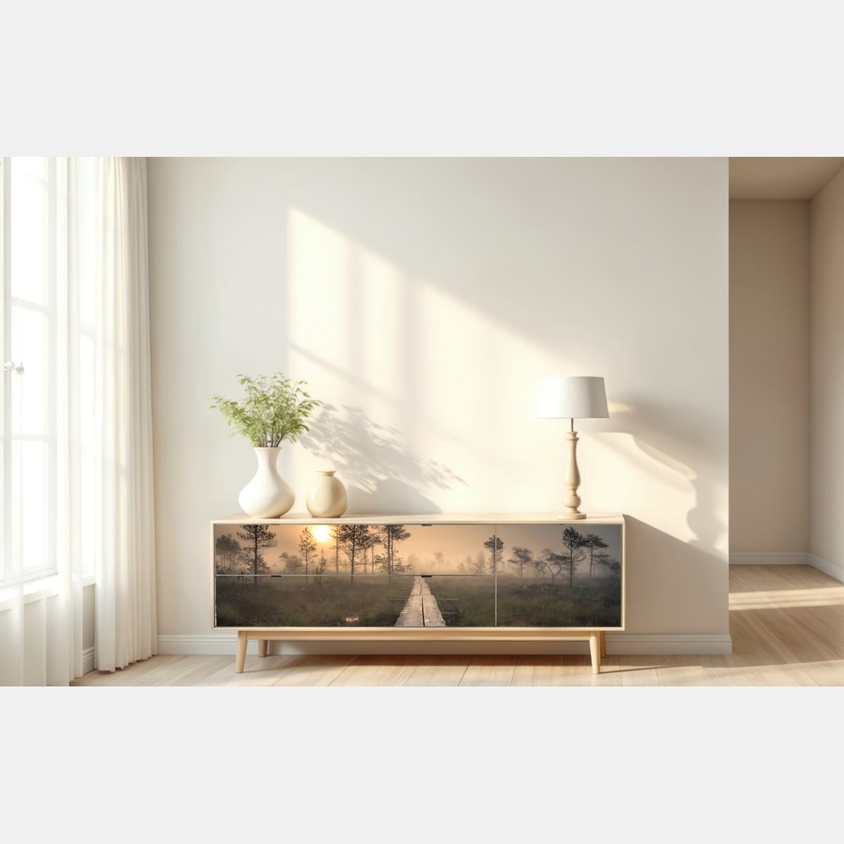 Naklejka repozycjonowalna mglisty wschód słońca nad drewnianą kładką – Wallissimo® Naklejka repozycjonowalna mglisty wschód słońca nad drewnianą kładką – Wallissimo®