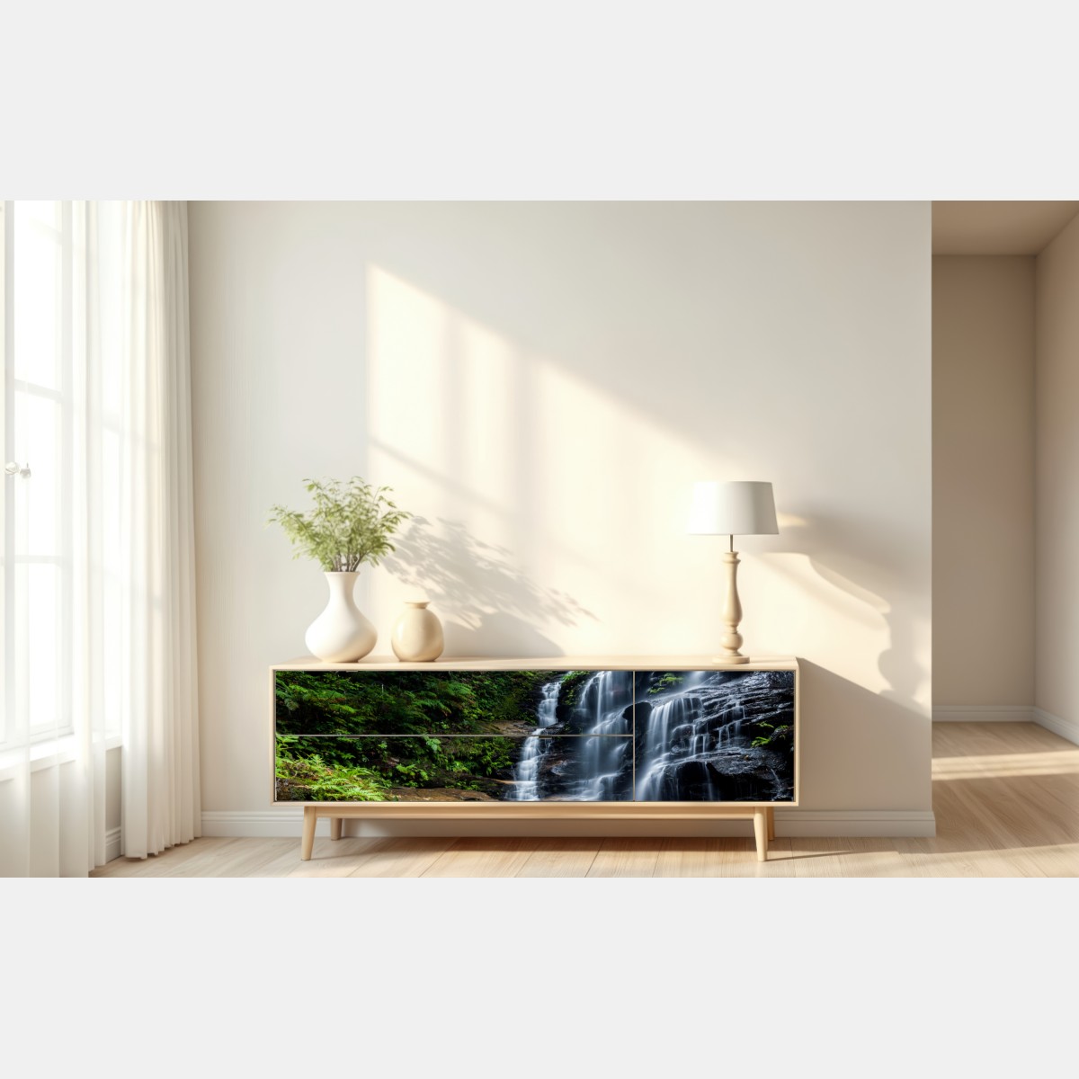 Naklejka repozycjonowalna spokojny wodospad w lesie – Wallissimo® Naklejka repozycjonowalna spokojny wodospad w lesie – Wallissimo®