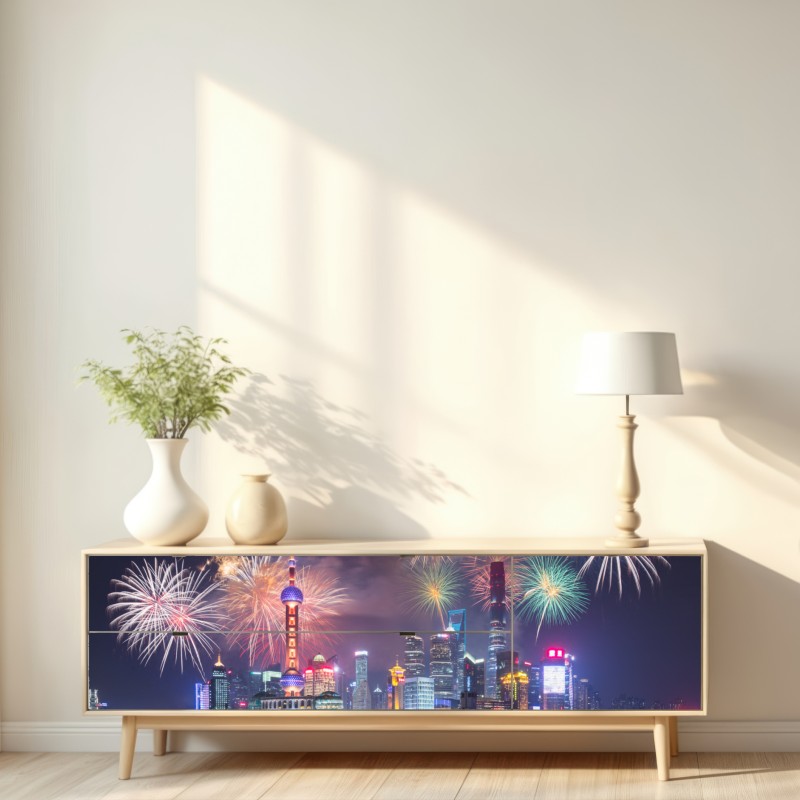 Naklejka repozycjonowalna Szanghaj panorama z fajerwerkami nad rzeką Huangpu – Wallissimo® Naklejka repozycjonowalna Szanghaj panorama z fajerwerkami nad rzeką Huangpu – Wallissimo®