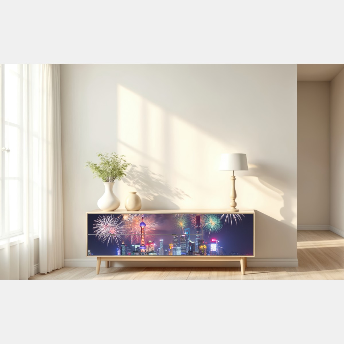 Naklejka repozycjonowalna Szanghaj panorama z fajerwerkami nad rzeką Huangpu – Wallissimo® Naklejka repozycjonowalna Szanghaj panorama z fajerwerkami nad rzeką Huangpu – Wallissimo®