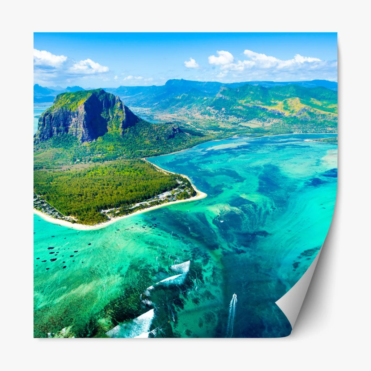 Naklejka repozycjonowalna turkusowa laguna z lotu ptaka, Mauritius – Wallissimo® Naklejka repozycjonowalna turkusowa laguna z lotu ptaka, Mauritius – Wallissimo®