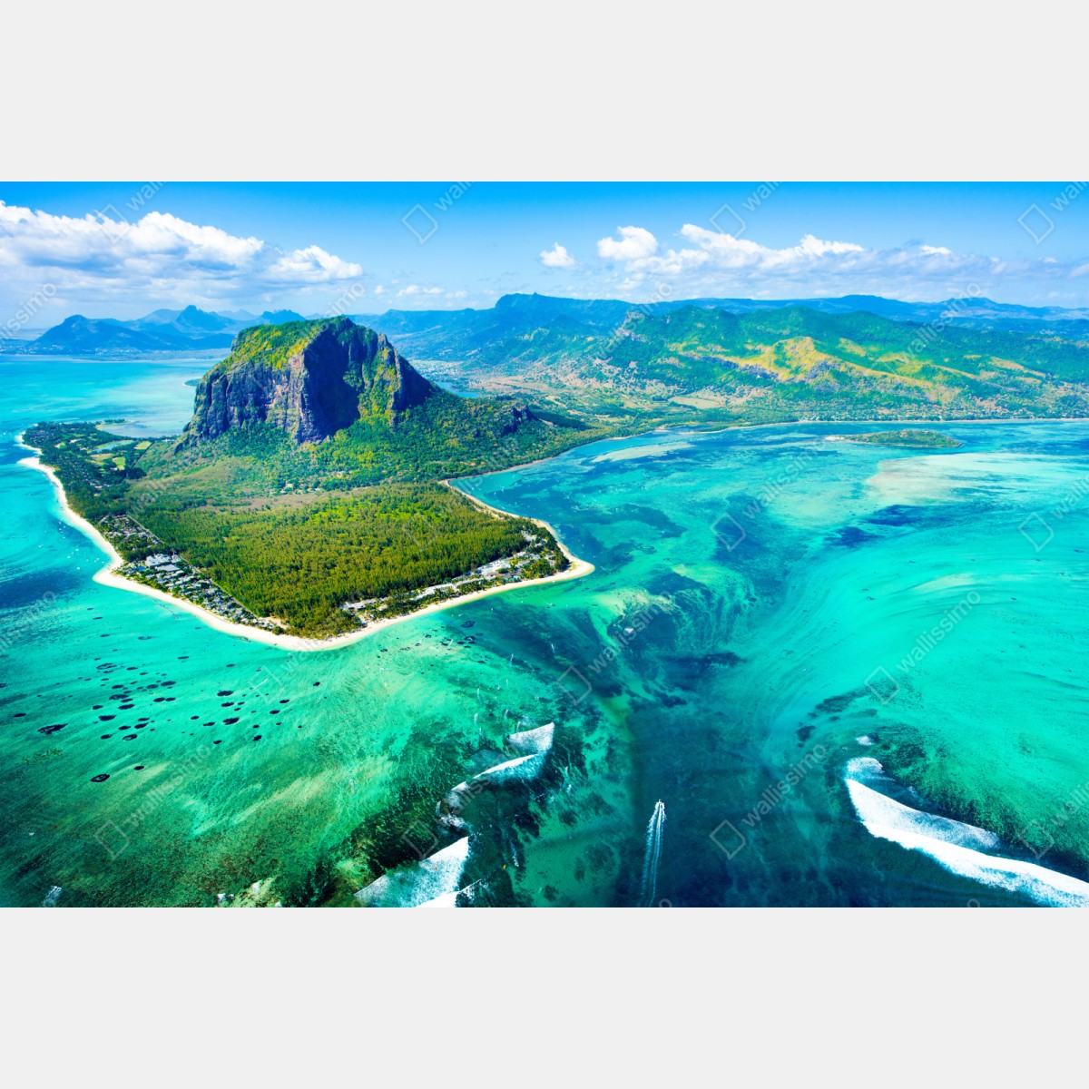 Naklejka repozycjonowalna turkusowa laguna z lotu ptaka, Mauritius – Wallissimo® Naklejka repozycjonowalna turkusowa laguna z lotu ptaka, Mauritius – Wallissimo®