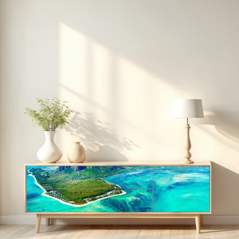 Naklejka repozycjonowalna turkusowa laguna z lotu ptaka, Mauritius – Wallissimo® Naklejka repozycjonowalna turkusowa laguna z lotu ptaka, Mauritius – Wallissimo®