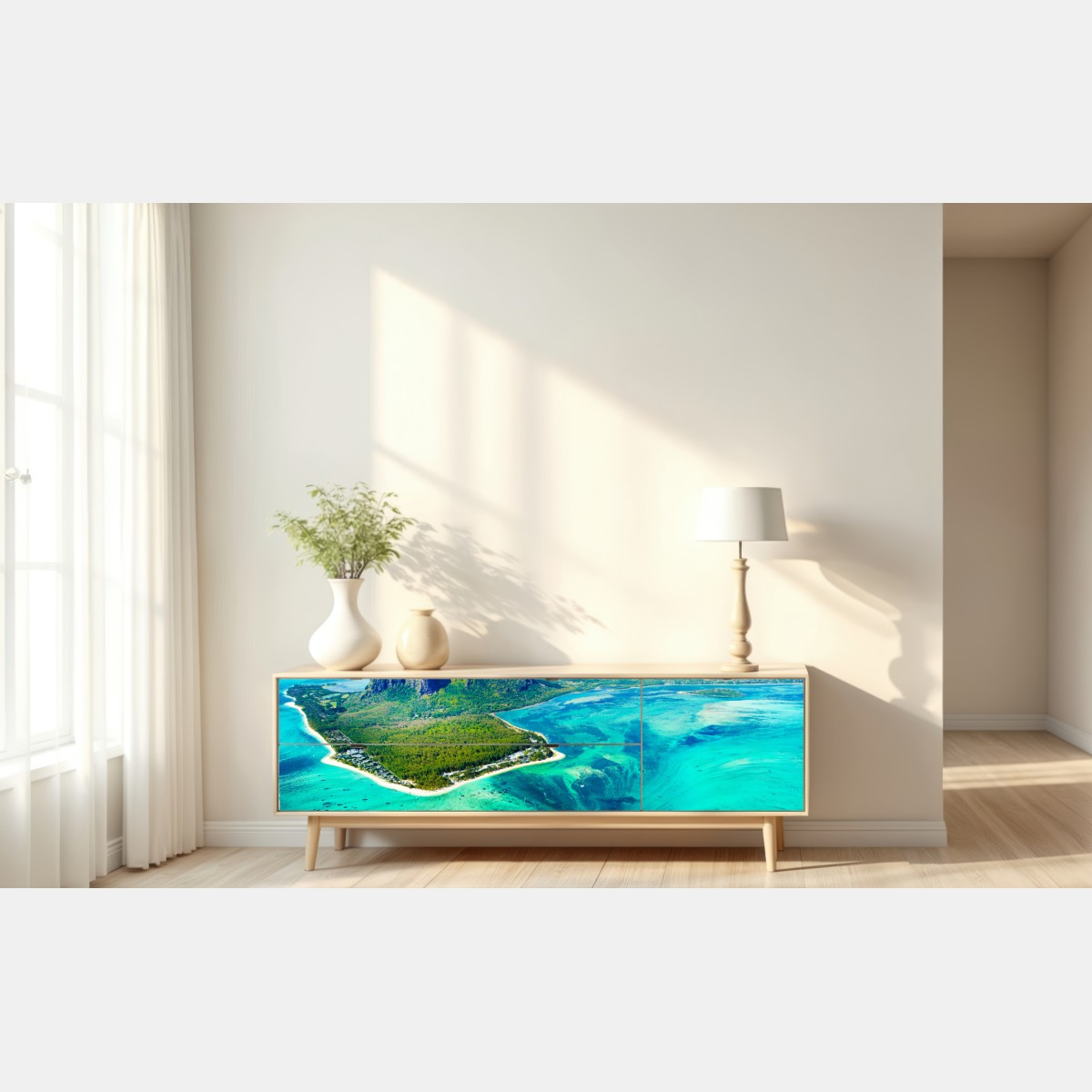 Naklejka repozycjonowalna turkusowa laguna z lotu ptaka, Mauritius – Wallissimo® Naklejka repozycjonowalna turkusowa laguna z lotu ptaka, Mauritius – Wallissimo®