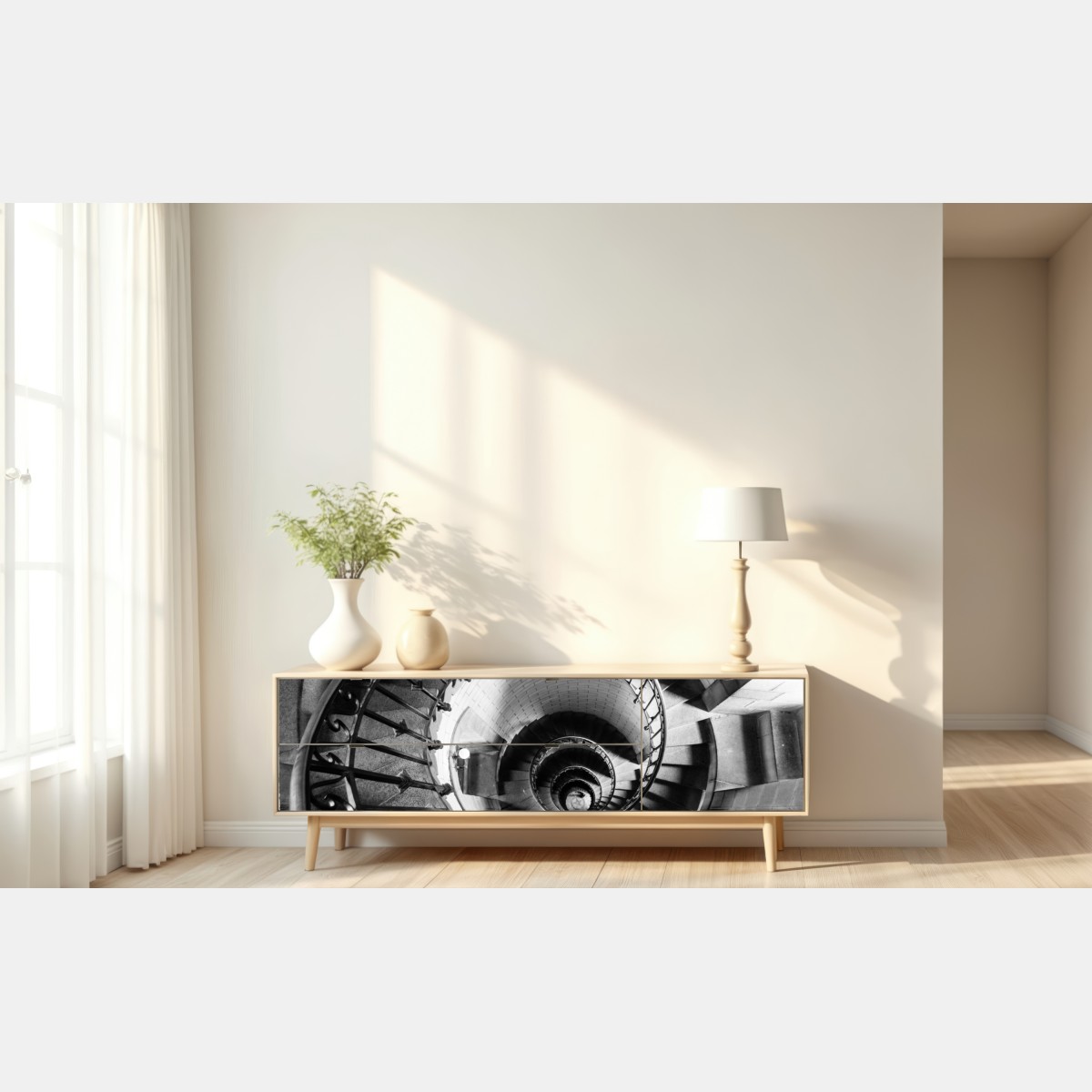 Naklejka repozycjonowalna spiralne schody w monochromatycznej perspektywie – Wallissimo® Naklejka repozycjonowalna spiralne schody w monochromatycznej perspektywie – Wallissimo®