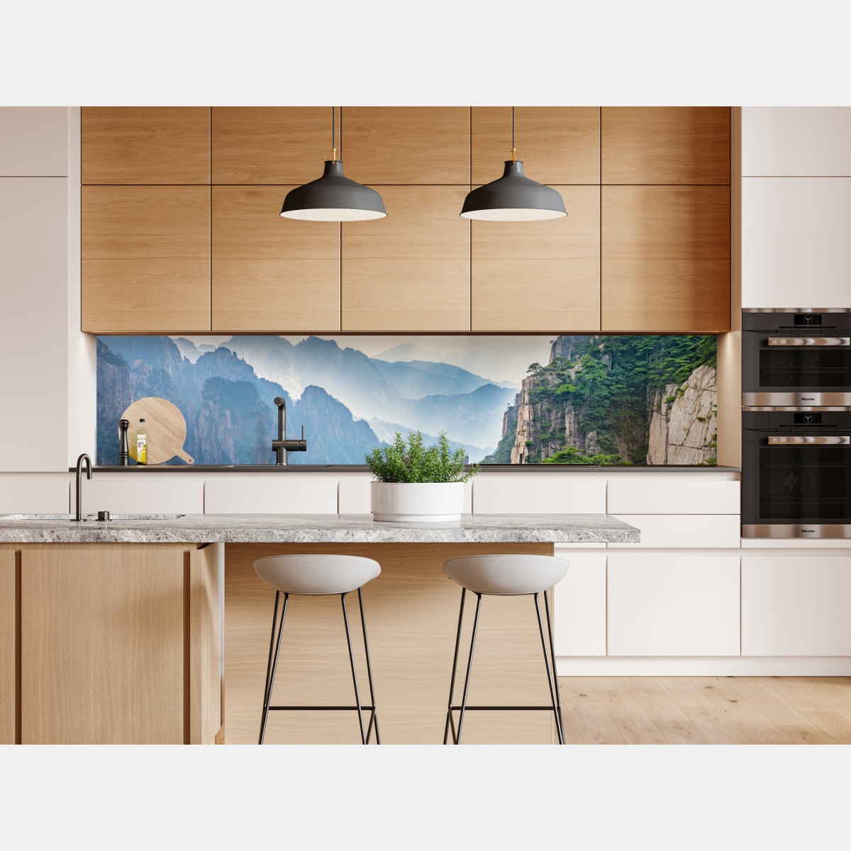 Naklejka repozycjonowalna mglista sceneria górskich klifów z promieniami słońca – Wallissimo® Naklejka repozycjonowalna mglista sceneria górskich klifów z promieniami słońca – Wallissimo®