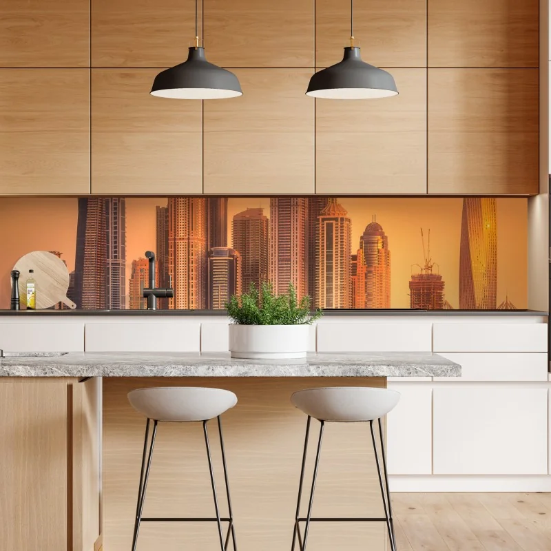 Naklejka repozycjonowalna panorama Dubaju w złotym świetle – Wallissimo® Naklejka repozycjonowalna panorama Dubaju w złotym świetle – Wallissimo®