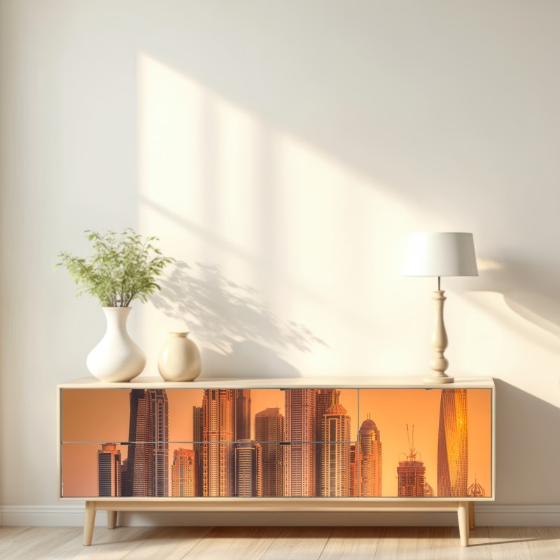 Naklejka repozycjonowalna panorama Dubaju w złotym świetle – Wallissimo® Naklejka repozycjonowalna panorama Dubaju w złotym świetle – Wallissimo®