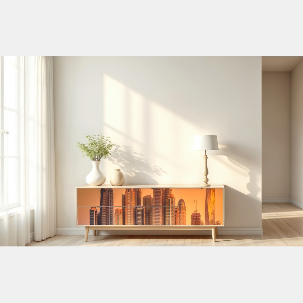 Naklejka repozycjonowalna panorama Dubaju w złotym świetle – Wallissimo® Naklejka repozycjonowalna panorama Dubaju w złotym świetle – Wallissimo®