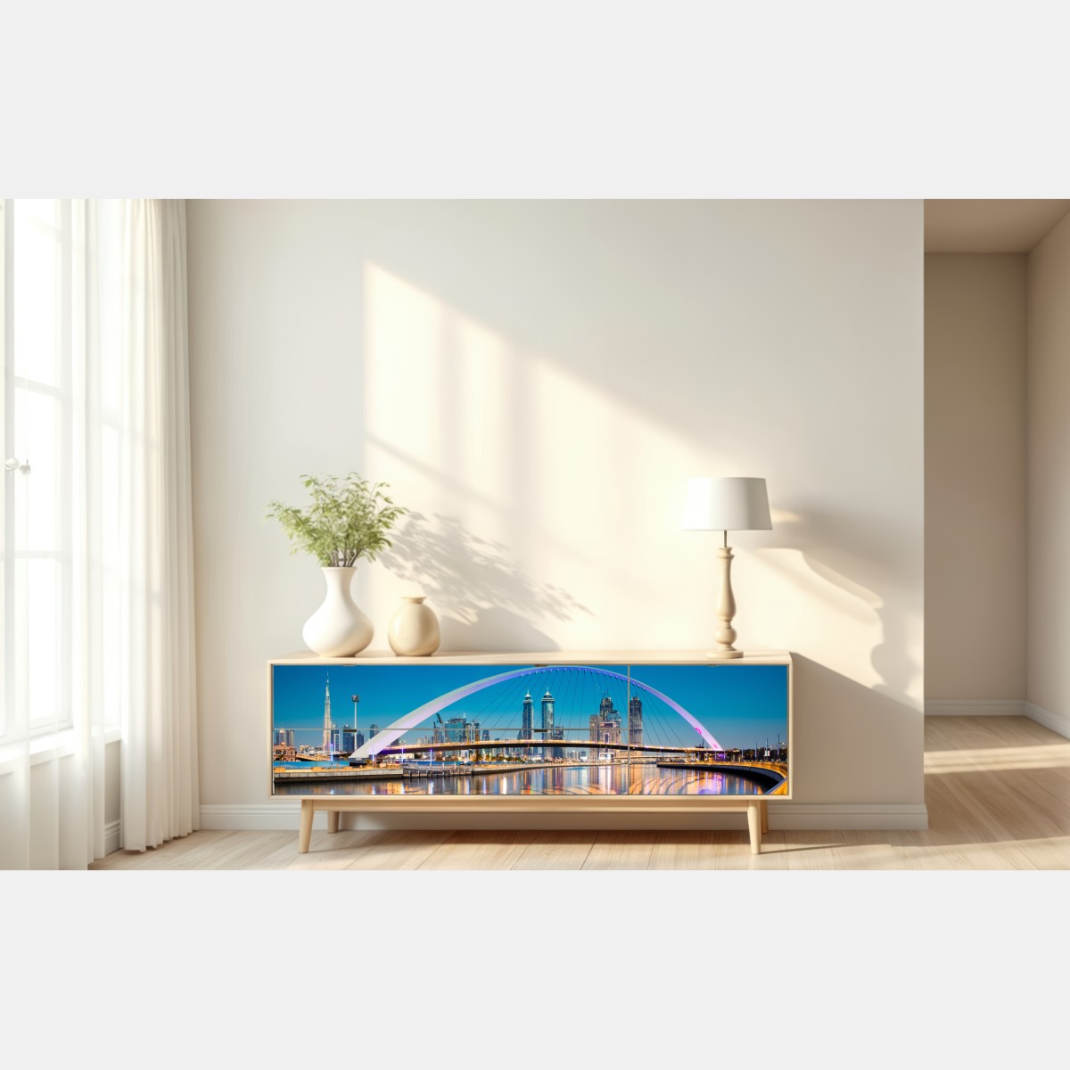 Naklejka repozycjonowalna Dubaj panorama miasta z oświetlonym mostem – Wallissimo® Naklejka repozycjonowalna Dubaj panorama miasta z oświetlonym mostem – Wallissimo®